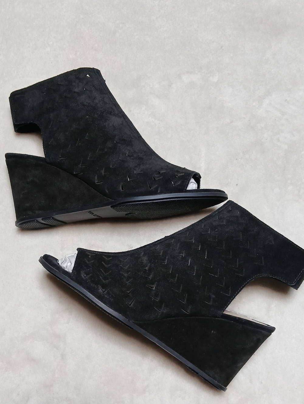Via Spiga Black Suede Peep-Toe Wedge Mules Size 10 M